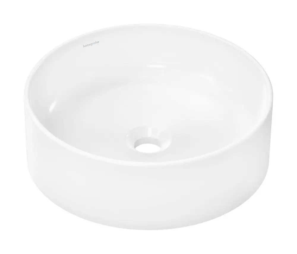 Runder, weißer Waschbeckenaufsatz von Hansgrohe ohne Hahnloch und Überlauf, mit schlichtem Design und glatter Oberfläche.